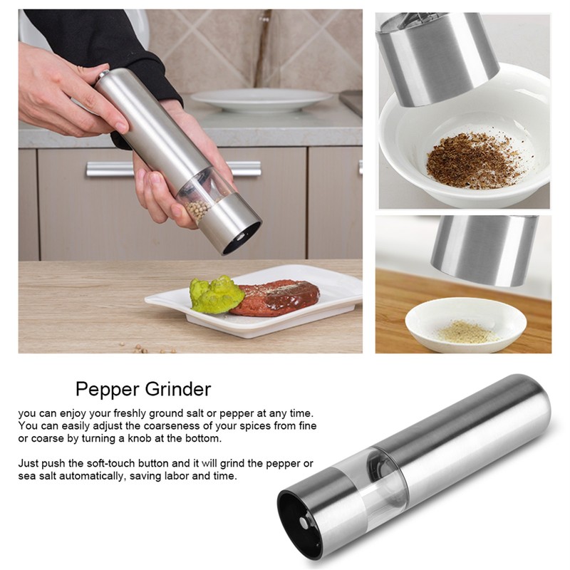 Stainless Steel Electric Kitchen Pepper Grinder Cordless Battery Powered Adjustable