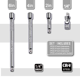 4 Piece 1/4 Inch Drive Extension Bar Set, 1/4 Inch Drive Socket Extension Set Includes 2, 4, and 6 Inch Extensions and 1/4 Inch drive Universal Joint Socket