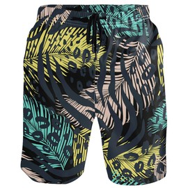 visesunny Leopard Palm Leaf Print Men's Swim Trunks Quick Dry Summer Surf Beach Board Shorts with Mesh Lining/Side Pockets