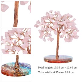 Nupuyai Rose Quartz Crystal Money Tree with 7 Chakra Base, Energy Healing Good Luck Tree Figurines Fengshui Crystals Ornament for Home Office Decor