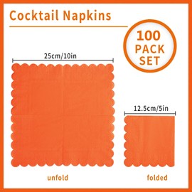 BEFORYOU 100 Pack Cocktail Napkin 2-Ply Scalloped Edged Dessert Napkins Folded 5 x 5 Inches Disposable Napkins for Dinner Wedding Birthday Party Bridal Anniversary Reception Event (Orange)