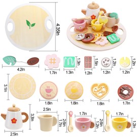WUWEOT Wooden Tea Set for Little Girls, Toddler Tea Set Toy, Play Kitchen Accessories with Teapot, Cups, Cookies, Saucer, Spoons, Lemon Slices & Trays, Time Playset Pretend Play Kitchen Toys Gift