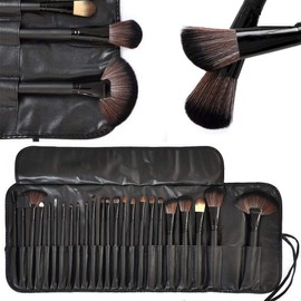 URBANMAC Fiber Bristle Makeup Brush Set with Black Leather Case- BLACK, 24 Pieces