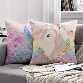 MUSOLEI Mermaid Cushion Covers 45cm x 45cm Pack of 2 Unicorn Throw Pillow Cases for Kids Girls Decorative Soft Throw Pillow Cover Pillowcases for Sofa Bedroom Car