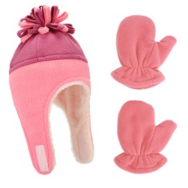 LACOFIA Baby Winter Warm Fleece Hat Sherpa Lined Caps Toddler Ear Flap Pilot Hat and Mitten Set, Red/Purple