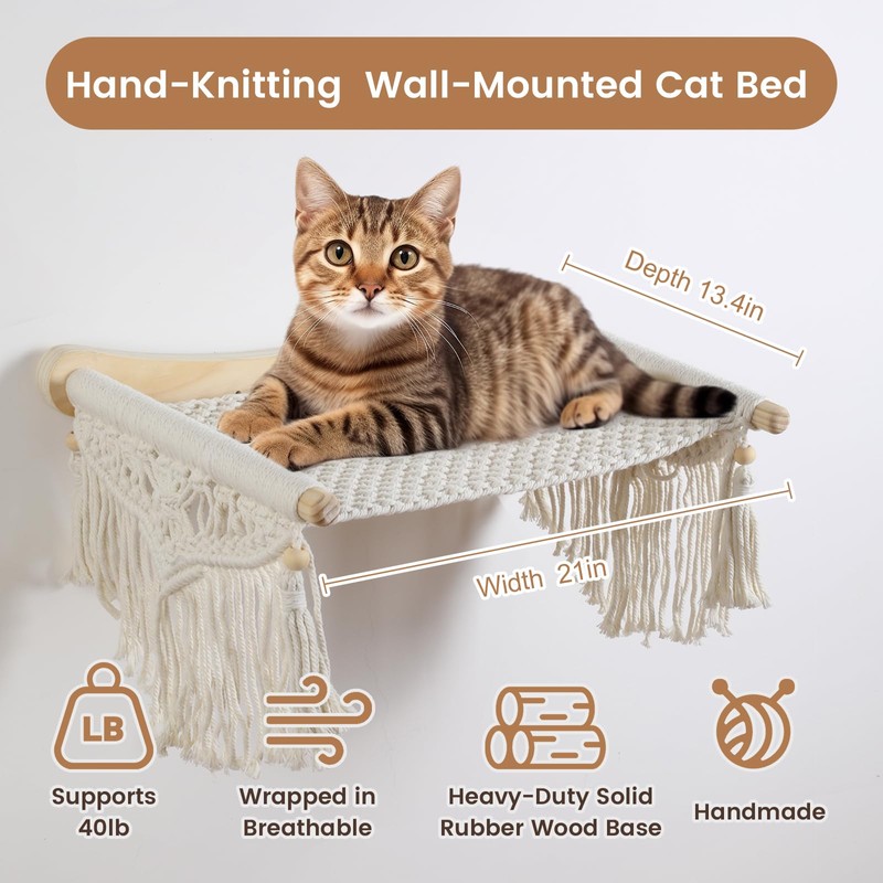 nets Tribe Macrame Cat Wall Shelves & Hammock - Comfy