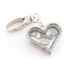 Happy Birthday Heart Locket Keyring. Diamonte Heart Handbag Charm Jewellery Gift. Daughter, sister friend Key chain.