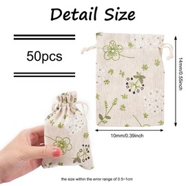 KISSITTY 50 Pack Cotton Cloth Storage Bags with Drawstring 5.5x3.9 Inch Flower Printed Reusable Jewelry Gift Pouches for Wedding Party Favor
