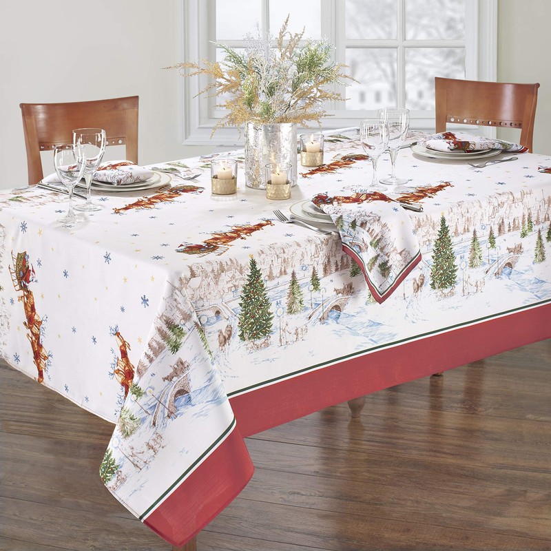 Elrene Home Fashions Santa’s Snowy Sleighride Fabric Tablecloth, 60" x