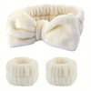 Plush Bowknot Spa Headband and Wristband Set (Creamy White, one