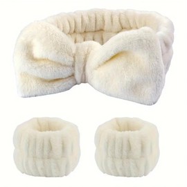 Plush Bowknot Spa Headband and Wristband Set (Creamy White, one size)