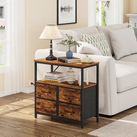 TUTOTAK Large Night Stand with Charging Station, Nightstand with USB and Type-C Port, Bedside Table with Cloth Drawers, End Table for Livingroom, Bedroom, Brown TB01BB081