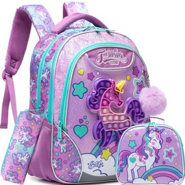 Meetbelify Unicorn Backpack for Girls School Backpacks for Elementary Kindergarten Student Kids Back to School Supplies with Lunch Box Pencil Case 3 in 1 Bookbag for Girls Ages 6-8 8-10 Purple