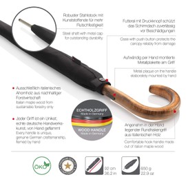 Knirps S.770 Long Automatic Stick Umbrella, Auto Open Rain Umbrella with Curved Italian Maple Wood Handle - Windproof Rain Umbrella for Adults - 111cm Diameter Stick Umbrella with Gift Box, Black