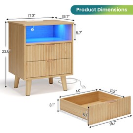 AOGLLATI Fluted Nightstand Set of 2 with Charging Station, LED Nightstand with 2 Drawers and Open Storage Cubby, Modern Bedside Table with LED Lights & Metal Handle for Bedroom