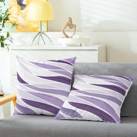 CaliTime Throw Pillow Cases Pack of 2 Cozy Fleece Two-Tone Abstract Sea Wave Geometric Decorative Cushion Covers for Couch Bed Sofa Farmhouse Decoration 18 X 18 Inches Deep Purple Grey