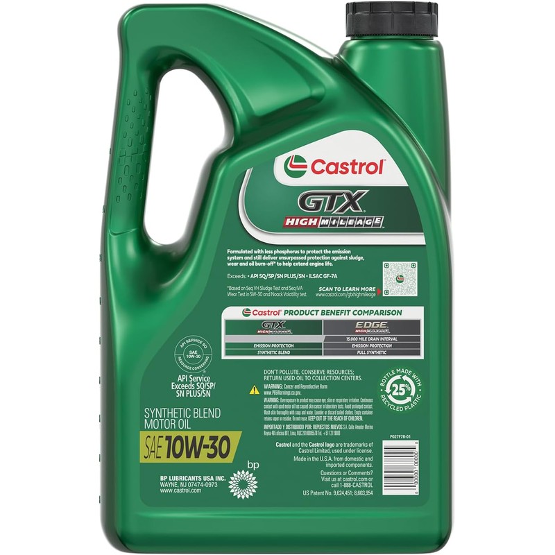 Castrol GTX High Mileage 10W-30 Synthetic Blend Motor Oil, 5