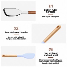 Lohepon Wooden Handle Silicone Rubber Spatula Set for Kitchen Baking, Cooking, and Mixing High Heat Resistant Non Stick Dishwasher Safe BPA-Free Black+blue Set of 2 (Wooden handle spatula-Two-color)