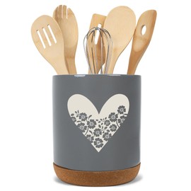 Elanze Designs Floral Heart Flowers Arrangement Love Ceramic Cork Bottom Gray Large Capacity Utensil Holder Crock for Countertop Storage, Stylish & Durable for Spoons, Spatulas, and Cooking Tools
