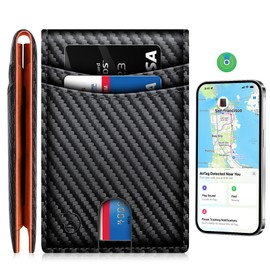 Smart Wallet For Men Work For Apple Find My (Ios Only) APP, Slim Mens Wallet with Tracker Carbon Fiber Bifold Credit Card Holder With Rechargeable Battery(Not For Android) Carbon Black & Orange