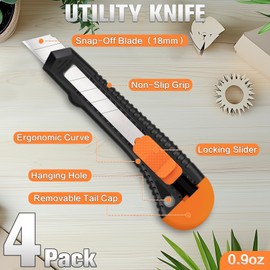 Tifical Retractable Utility Knife, 4 Pack Box Cutters with 18mm Snap-Off Blade for Paper, Plastic, Cardboard