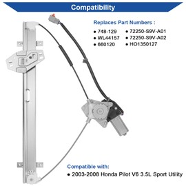 Obaee 748-129 Front Left Driver Side Power Window Regulator with Motor Compatible with Honda Pilot 2003 2004 2005 2006 2007 2008, Replace OE 72250-S9V-A01, 72250-S9V-A02 (6 Pins)