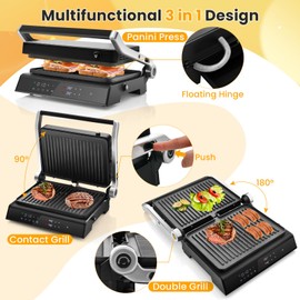 CHEFJOY Panini Grill Press Sandwich Maker, 3 In 1 Sandwich Maker with Removable Plates & Led Display, 1200w Panini Press Machine for Toaster, Bread, BBQ, Vegetable