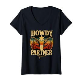 Womens Howdy Partner Western Cowboy Longhorn Skull Sheriff Star V-Neck T-Shirt