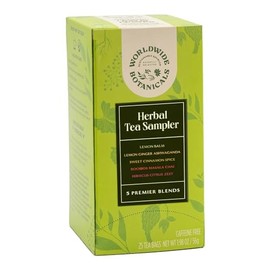 Worldwide Botanical Herbal Tea Sampler, 25 Tea Bags - Lemon Balm, Lemon Ginger Ashwagandha, Hibiscus Citrus Zest, Sweet Cinnamon & Rooibos Masala Chai