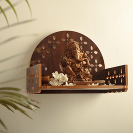 Wooden Wall Mounted Hanging Table top Temple Pooja Mandir God Stand Shelf for Storage and Idols Decoration for Home Office and Gifting (Dark Brown)
