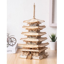 Rolife 3D Wooden Puzzle Five-Story Pagoda Tower for Adults Teenagers DIY Model Kit Craft Puzzle Gifts and Decoration Five-storied Pagoda