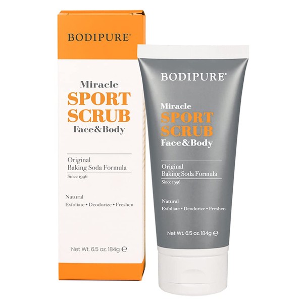 BODIPURE Miracle Sport Baking Soda Body Scrub - Moisturizing and Exfoliating Scrub for Face and Body to Smooth and Hydrate Skin - For Sensitive Skin, 6.5 Ounce