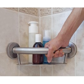 HEALTHCRAFT Plus 2-in-1 Corner Shelf and Grab Bar 9.5" inch, ADA Compliant, Wall-Mounted Bathroom Safety Grab Bar for Seniors, Supports up to 500 lbs in Brushed Stainless