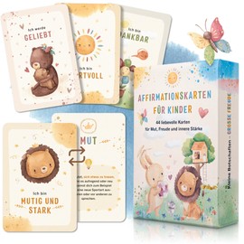 EULENTALER® Affirmation Cards for Children, Designed by Educators, 44 Lovingly Hand-Painted Mindfulness Cards for Self-Confidence, Courage and Joie de vivre, with Exercises & Explanatory Book