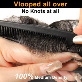 BEEOS 0.06mm Super Thin Skin Toupee Hair for Men, #1B40 Natural Black with 40% Grey Hair System for Men, V-looped No Knots 8x10 Inch Mens Toupee