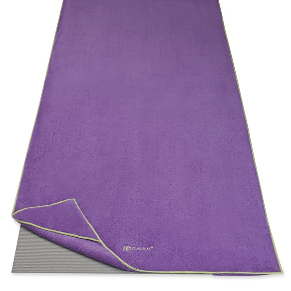 Gaiam Stay Put Yoga Towel Mat Size Yoga Mat Towel (Fits Over Standard Size Yoga Mat - 68"L x 24"W), Purple
