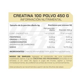 PROWINNER | Creatina 100% Pura en Polvo, Suplemento Alimenticio, 5g de Creatina por Porción, Pre workout, 90 Servicios por Envase, Sobre de 450g