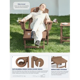 KINGYES Folding Adjustable Adirondack Chair with Retractable Ottoman, HDPE Weather Resistance Oversized Outdoor Chair with Cup Holder, Wood-Like Reclining Versatile Adirondack Chair, Brown