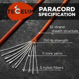 TECEUM Paracord Type IV 750 lb Royal Orange – 100 ft – 4mm – 100% Nylon Strong Tactical MIL–SPEC Parachute Cord – Survival Rope Emergency para Cord 11 Strands Core EDC Camping Hiking Military Gear