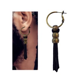 Black Leather and Bronze Earring for Men - Bronze Single Pirate Style Hoop Earrings - Dangle Punk Men's Earring Single - Hippie Style Men's Earring