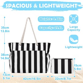 Kasgo Beach Bag for Women, Large Water Resistant Summer Tote Bags Lightweight Sandproof Pool Bag Zipper Gym Bag Shoulder Bags with Small Pouch for Travel Shopping Camping, Black and White Strip
