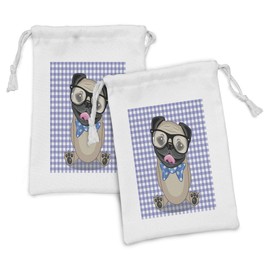 Ambesonne Pug Fabric Pouch Set of 2, Nerdy Glasses and Dotted Bow Tie on a Puppy Pug with a Checkered Backdrop, Small Drawstring Bag for Toiletries Masks and Favors, 9" x 6", Sand Brown Black Blue
