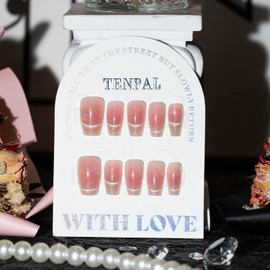 TENPAL Peach Pink Press on Nails Falling Star Cat Eye Fake Nails With Glue Handmade Gel Nails With Cat Eye Designs Acryllic Nails Press ons 10pcs/Box Summer Nails For Women Girls(XS)