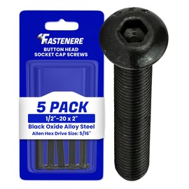 Fastenere Button Head Socket Cap Screws - 1/2-20 x 2 (5-Pcs) Alloy Steel, Fully Threaded, Fine Black Oxide Finish, Corrosion-Resistant, Machine Thread, Easy to Install w/Allen Hex Drive