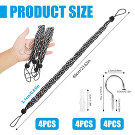 4 Stück, 60cm Raffhalter für Vorhänge, Handgestrickte Vorhangbinder in Schwarz, Gardinen Raffhalter Metallhaken und Gummistopper, Vielseitig Einsetzbar für Wohnzimmer, Schlafzimmer und Büro