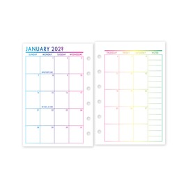 Pocket Rainbow Month on 2 Pages Calendar Refill, 3.2 x 4.7, Sunday Start, Ring Binder Planner Insert, Dated Monthly View, Colorful Ombre, Choose 12 Months