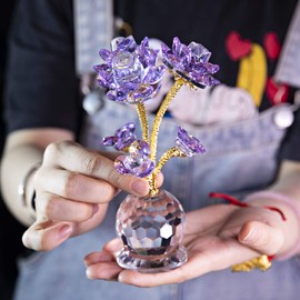 QFkris Purple Crystal Rose Flower Figurine Collectible Statue 6" Glass Flowers with Stems Ornament Home Decor for Valentines Day Thanksgiving,Christmas,Wedding,Mothers Day,Centerpiece,Gift for Women