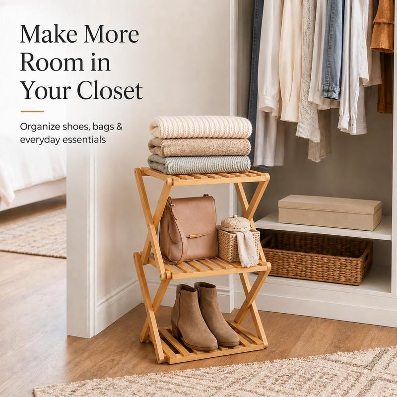 BAMHIGHS 3-Tier Bamboo Folding Shelf, Multi-Purpose Storage Rack for Shoes,