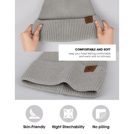 Knit Beanie for Men, Stretchy Soft Warm Daily Cuffed Winter Hats, Unisex Comfortable Wooly Beanie Gifts for Men/Him/Dad, Light Grey