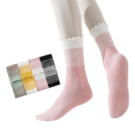 Sumrising Sok Non-Slip Grip Yoga Socks, 4-Pack, Ruffle Design, Purple Pink Yellow White, Anti-Skid Bottom (US, Alpha, Medium, Regular, Regular, 4, Black/Pink/White/Khaki)